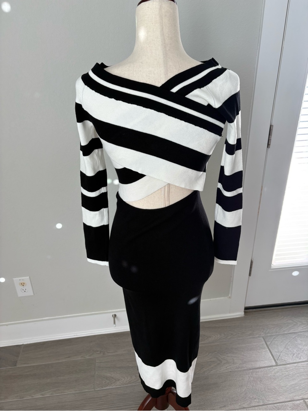 Anthropologie Le Superbe Fall In Ribbed Midi Dress Sweater Black White Bodycon